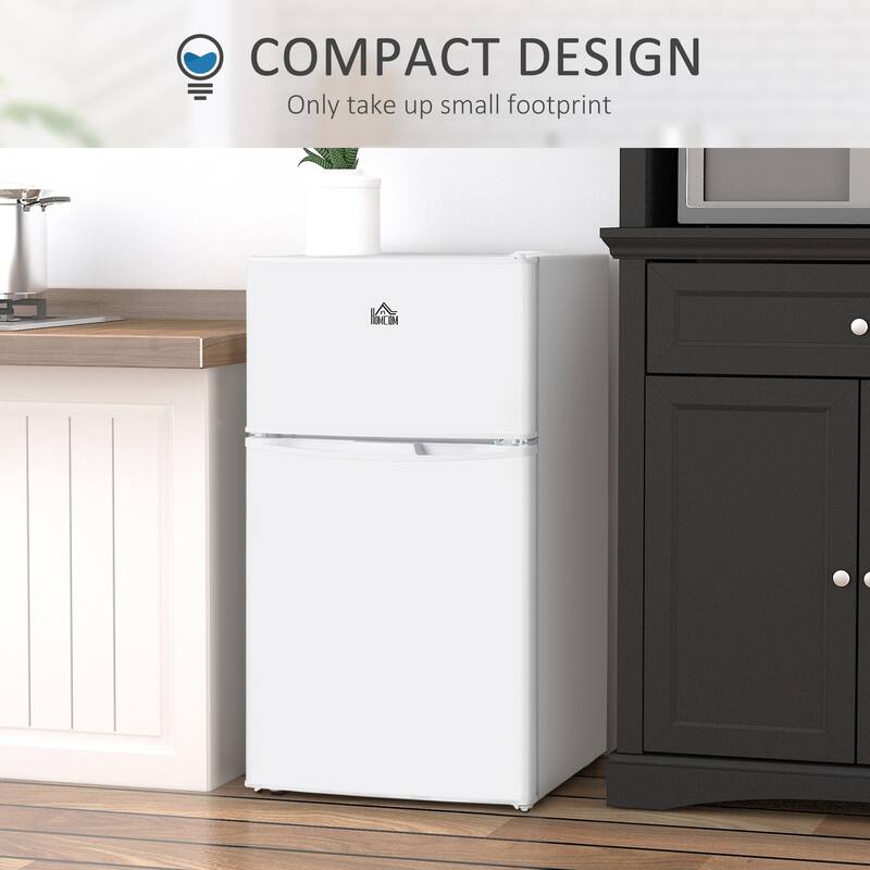 HOMCOM Double Door Mini Fridge with Freezer, 3.2 Cu.Ft Compact Refrigerator with Adjustable Shelf, Adjustable Thermostat