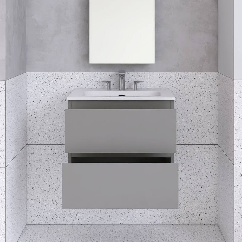 Floating Integrated Bathroom Vanity with Ceramic Sink, Three Faucet Holes