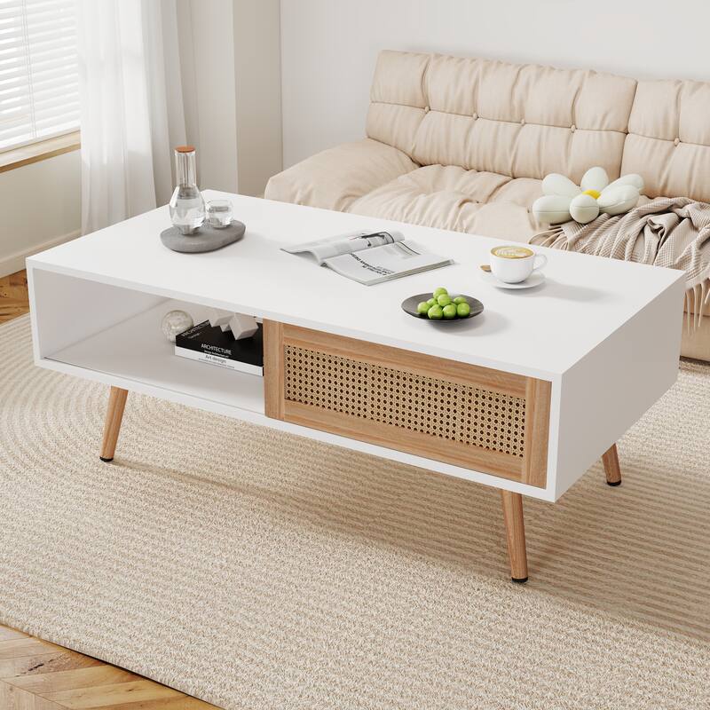 Anmytek White Rattan Coffee Table 41.34 Inch with Storage Sliding Door and Solid Wood Legs for Living Room