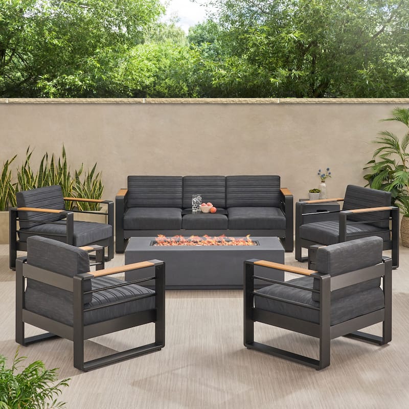 Giovanna Outdoor Aluminum 7 Seater Chat Set with Fire Pit by Christopher Knight Home - Black + Natural + Dark Gray