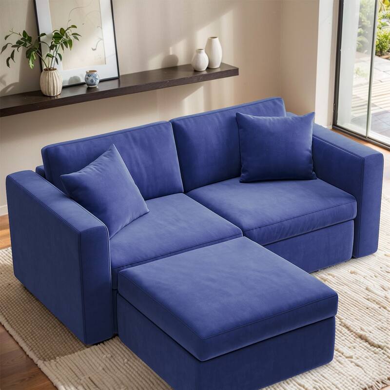 Pocassy Cloud Sofa Modular Sectional Couch with Seat Storage - 2-Seat with Ottoman - Blue