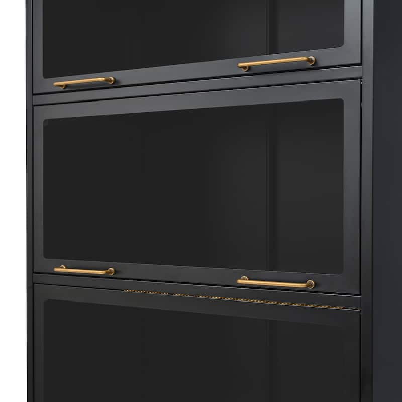 78.75'' Tall Iron Display Cabinet with Glass Doors, 5-Tier Steel Barister Bookcase with LED Lights for Collectibles