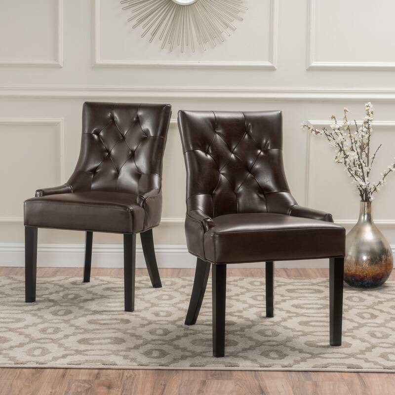 Tufted Back Dining Chair Set of 2, Faux Leather Armless Side Chair with Wooden Legs, Upholstered Kitchen Chair for Dining Room - Brown