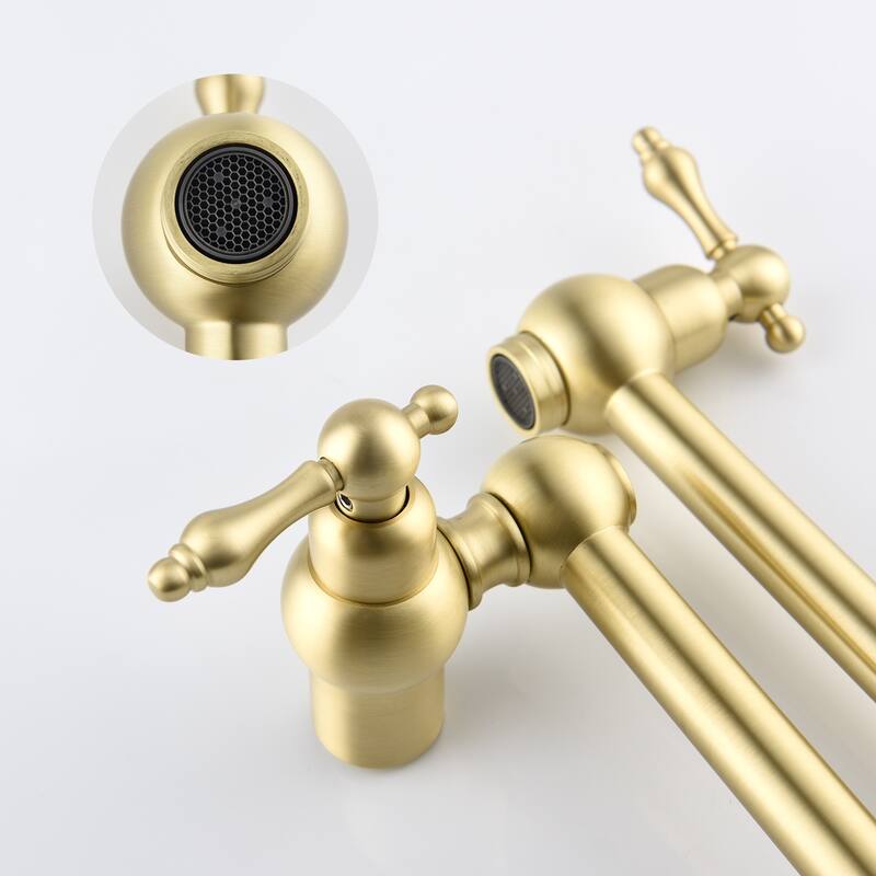 YASINU Traditional Double Handle Wall Mount Kitchen Pot Filler Faucet in Brushed Gold