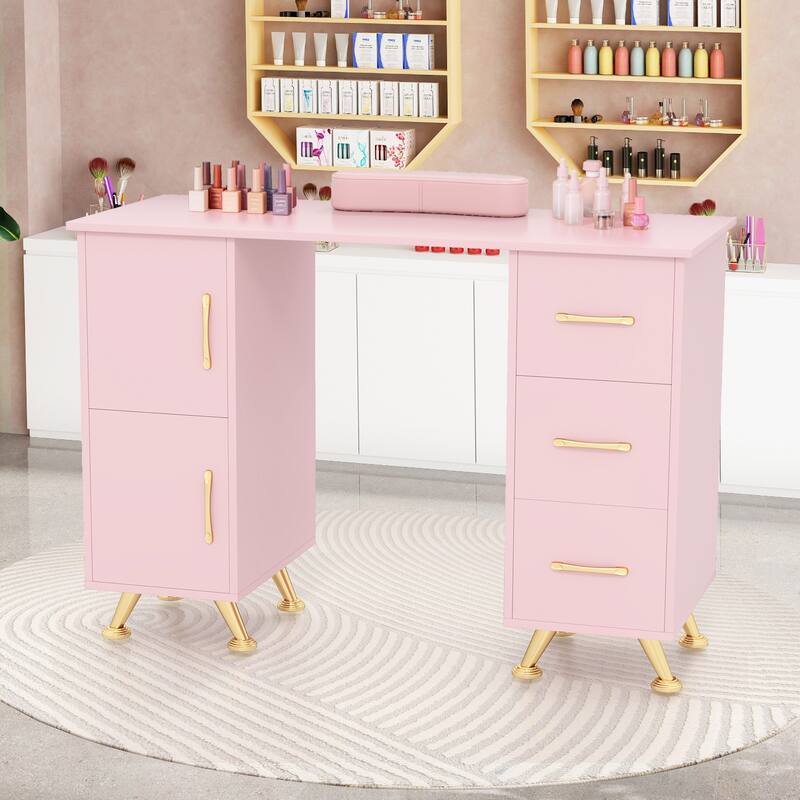 Costway Wooden Nail Desk Station with Removable Wrist Rest Metal Legs - See Details - Pink