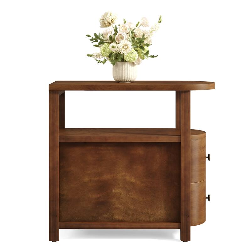 Solid Wood End Side Table with 2 Drawers, Fully Assembled