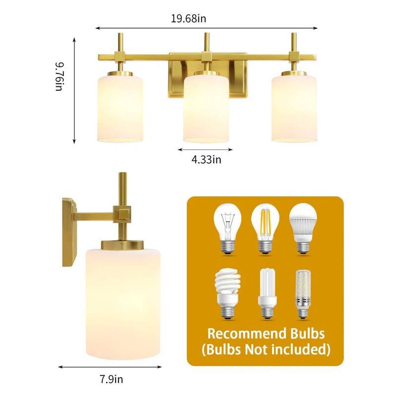 Jasper Gold Traditional Frosted Glass 3-Light Bathroom Vanity Light