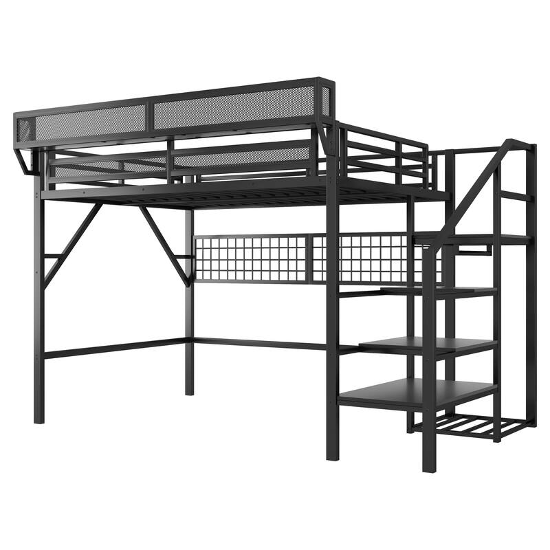 Queen/Full Loft Bed with Stairs, Storage & Wardrobe, Metal High Loft Bed with Lighting