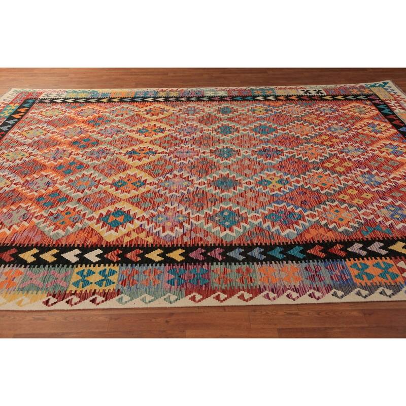 Geometric Kilim Reversible Rug Oriental Flatweave Wool Carpet - 8'5"x 11'5"