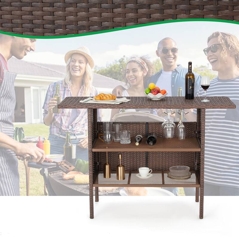 AVAWING 3PCS Patio Bar Set Outdoor Rattan Bar Set with Removable Cushion