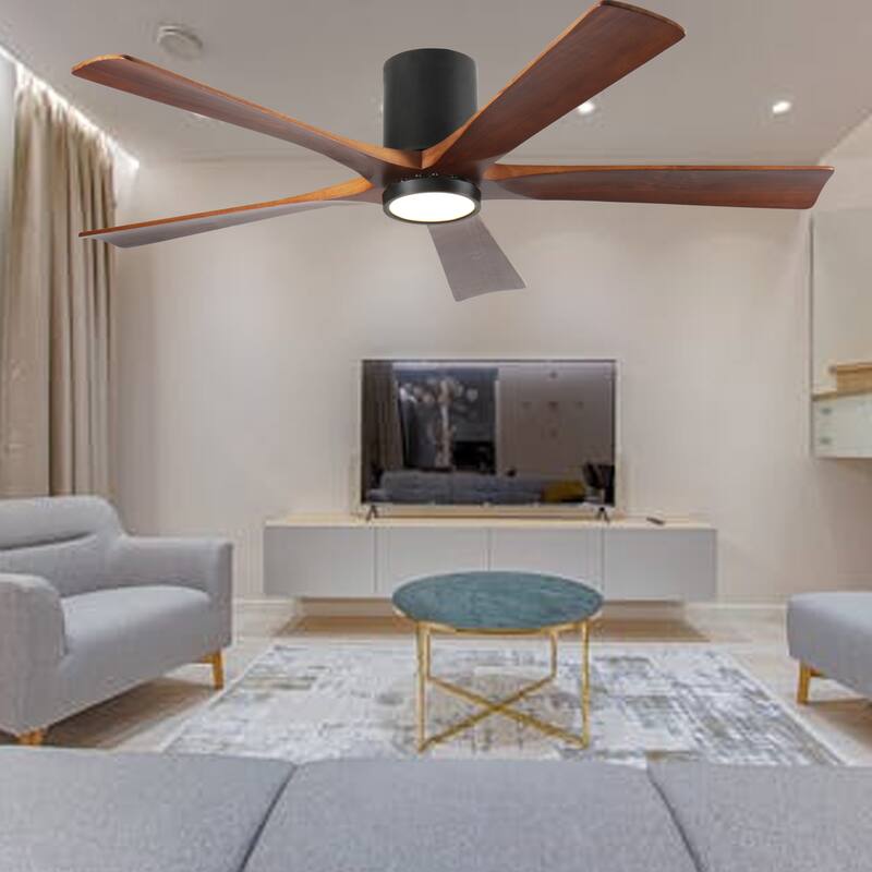 60" Ceiling Fan with Light, Flush Mount, 5 Wood Blades, Quiet Reversible DC Motor, Remote Control, Dimmable Full-Spectrum LED