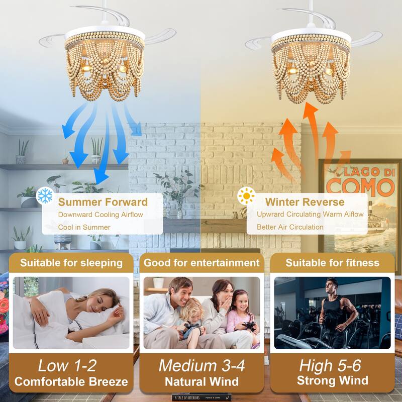 Cusp Barn 42" Retractable Ceiling Fan with Light, Farmhouse Wooden Bead Chandelier, Quiet DC Motor 6 Speeds Bohemian Ceiling Fan