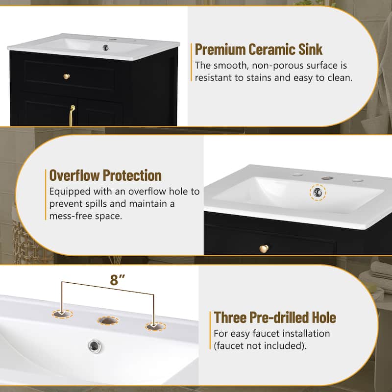 24-Inch Bathroom Vanity with Ceramic Sink, 1 Soft Close Door, 2 Soft Close Drawers, and Double Storage Racks on the Door