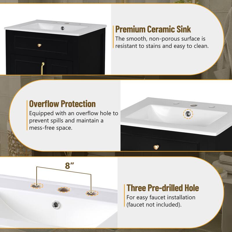 Compact 24" Freestanding Bathroom Cabinet with Ceramic Basin, Soft-Close Hinges, Storage Drawers & Door Racks