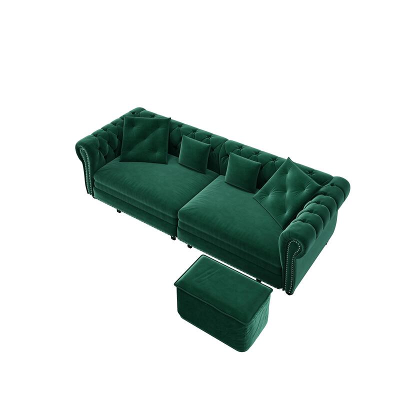 89" Chesterfield Pull Out Sofa Bed - Velvet 3-in-1 Convertible Sleeper with Chaise & Ottoman, King Size Sleeper Sofa