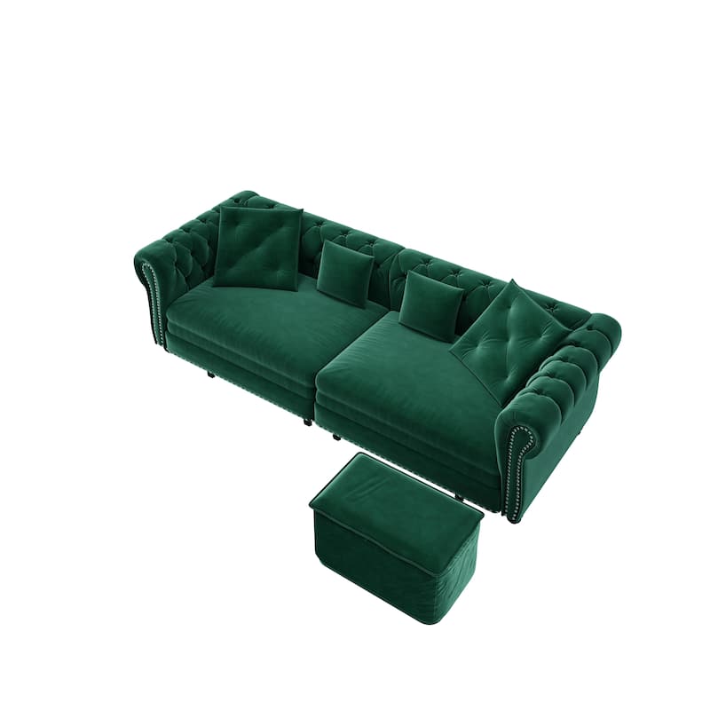 Oversized Chesterfield Loveseat Sofa, Convertible Pull Out Sleeper Sofabed Velvet Couch Bed w/Movable Ottoman and Nailhead Trim