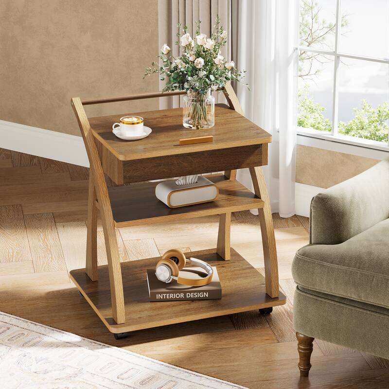 3-Tier Rolling Side Table, Adjustable Tabletop End Table with 1 Drawer, TV Tray for Small Spaces, Living Room