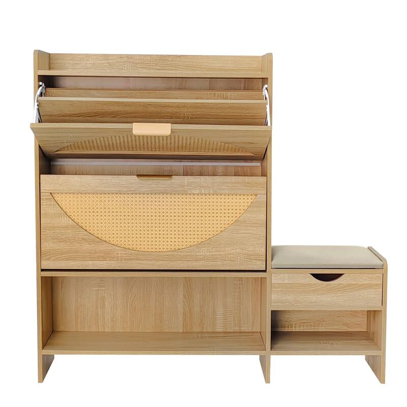 Rattan Shoe Storage Cabinet, Multi-functional Shoe Organizer, Narrow Shoe Rack with 2 Flip Drawers, 1 Storage Drawer & 1 Bench