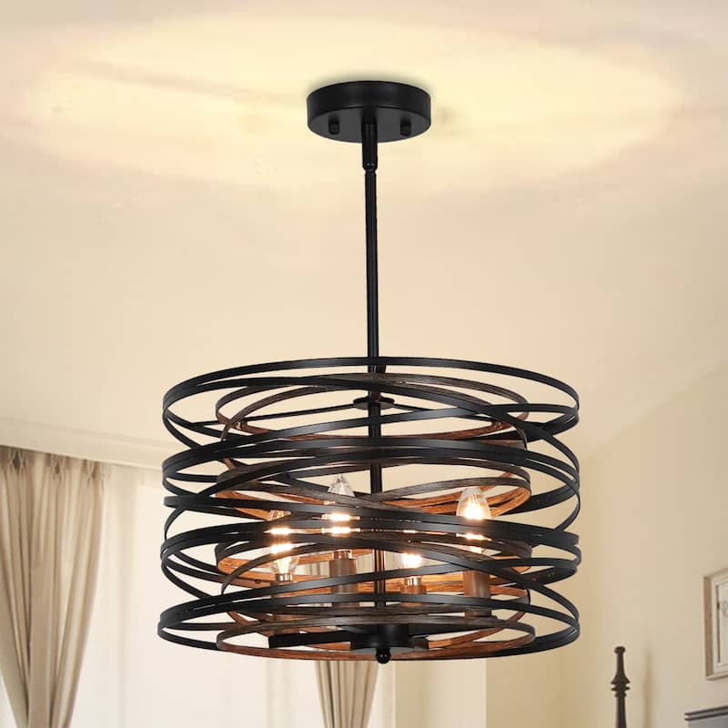 4-Light Rustic Black Drum Chandelier Farmhouse Drum Light Fixture - 15.7in