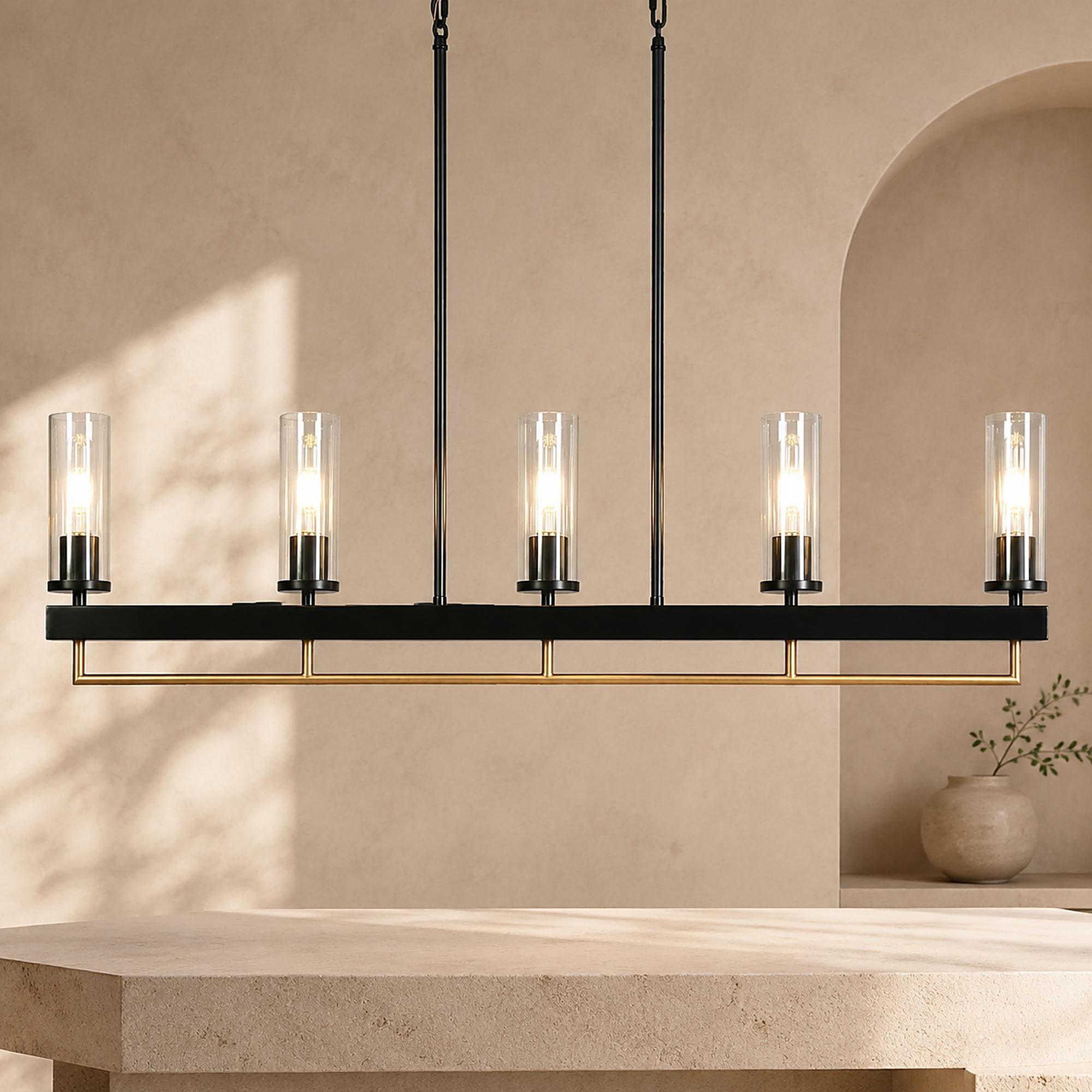 Modern Farmhouse 5-Light Black Gold Linear Glass Chandelier for Kitchen Island Dining Room