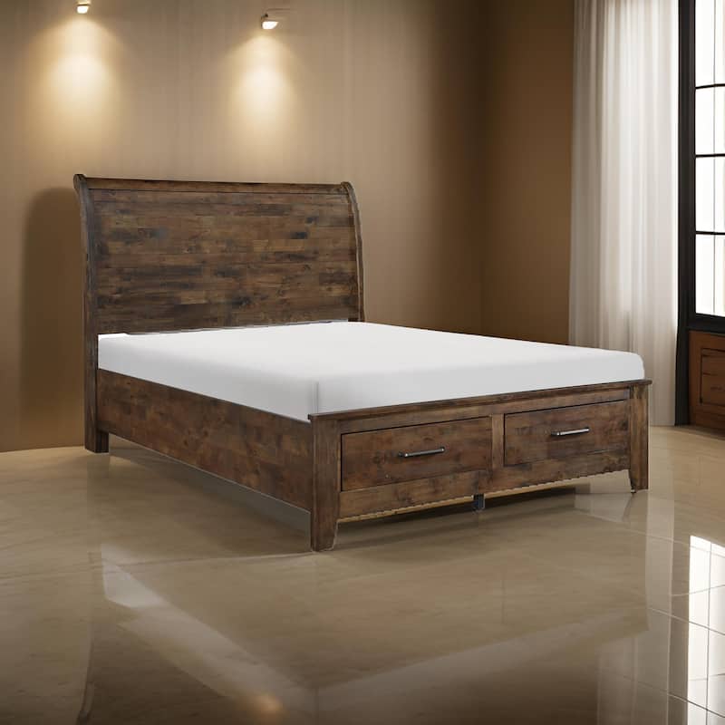 Rick Queen Size Platform Bed, Sleigh, 2 Footboard Storage, Brown Rubberwood