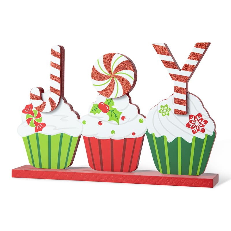 Glitzhome 12"L Christmas Wooden Cupcake JOY Table Decor