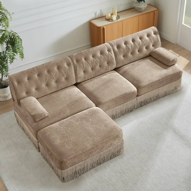 106" Velvet Sectional Sofa with Tassel Skirt Design and Ottoman