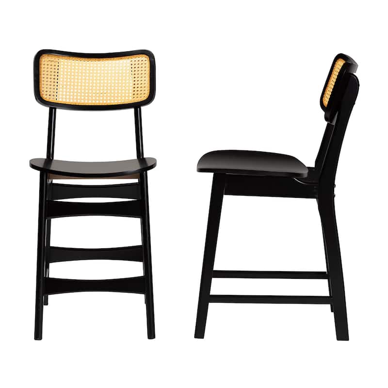 Tafari Mid-Century Modern Wood and Rattan 2-Piece Counter Stool Set