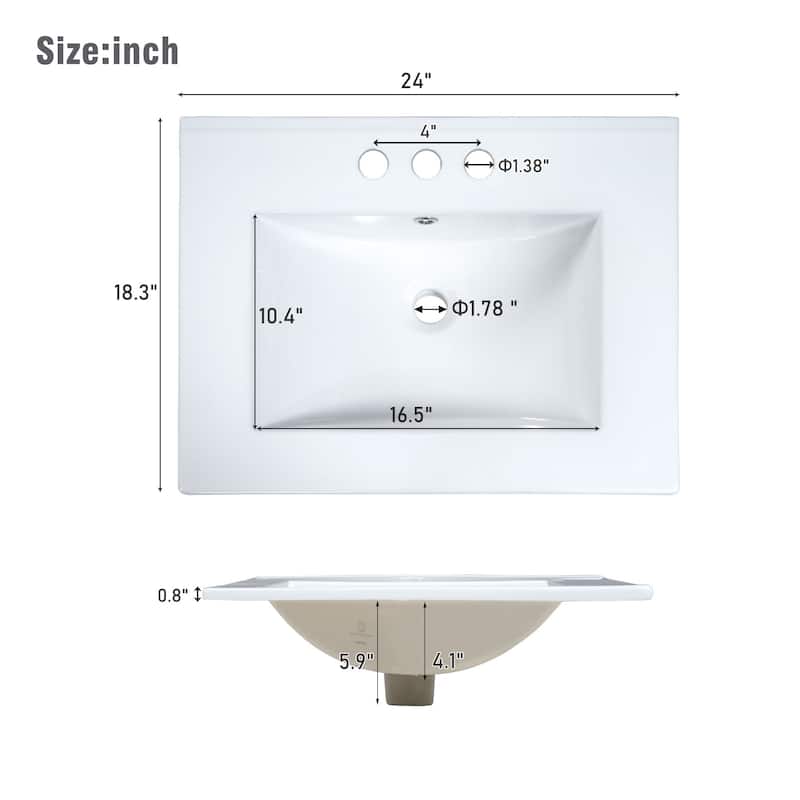 Small Bathroom Vanity Cabinet with Ceramic Sink, 24" Ceramic Integrated Basin