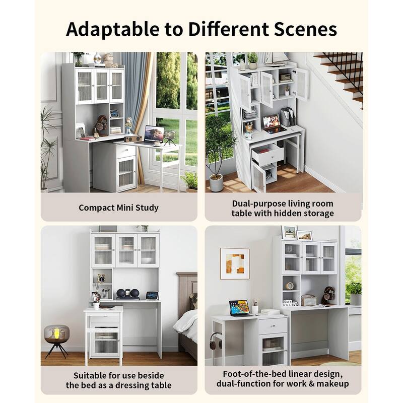 Roomfitters Computer Desk with Hutch and Rotating Table, Home Office Workstation with Glass Cabinet Doors