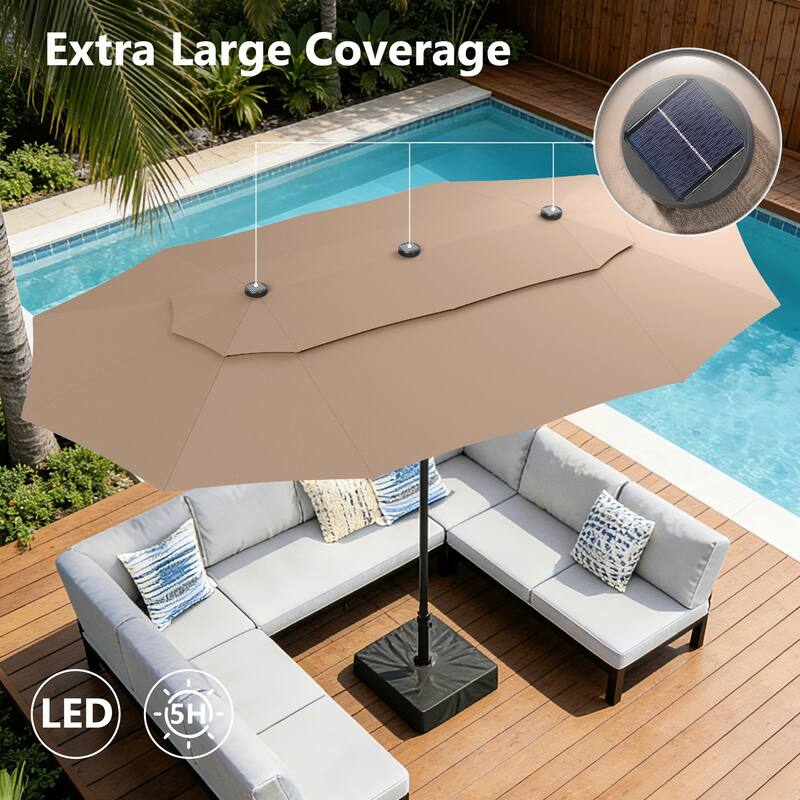 MAISON ARTS 15ft 2-Tier Large Patio Umbrella with Solar Lights, Double-Sided Outdoor Market Umbrellas with Base Included