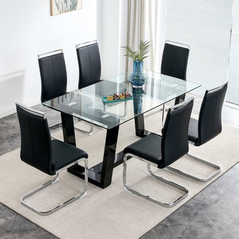 Glass Dining Table Large Modern Minimalist Rectangular for 6-8 with 0.4" Tempered Glass Tabletop