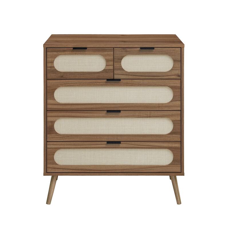 Roomfitters Mid Century 5 Drawer Storage Cabinet, Accent Chest with Rattan Fronts for Bedroom, Walnut