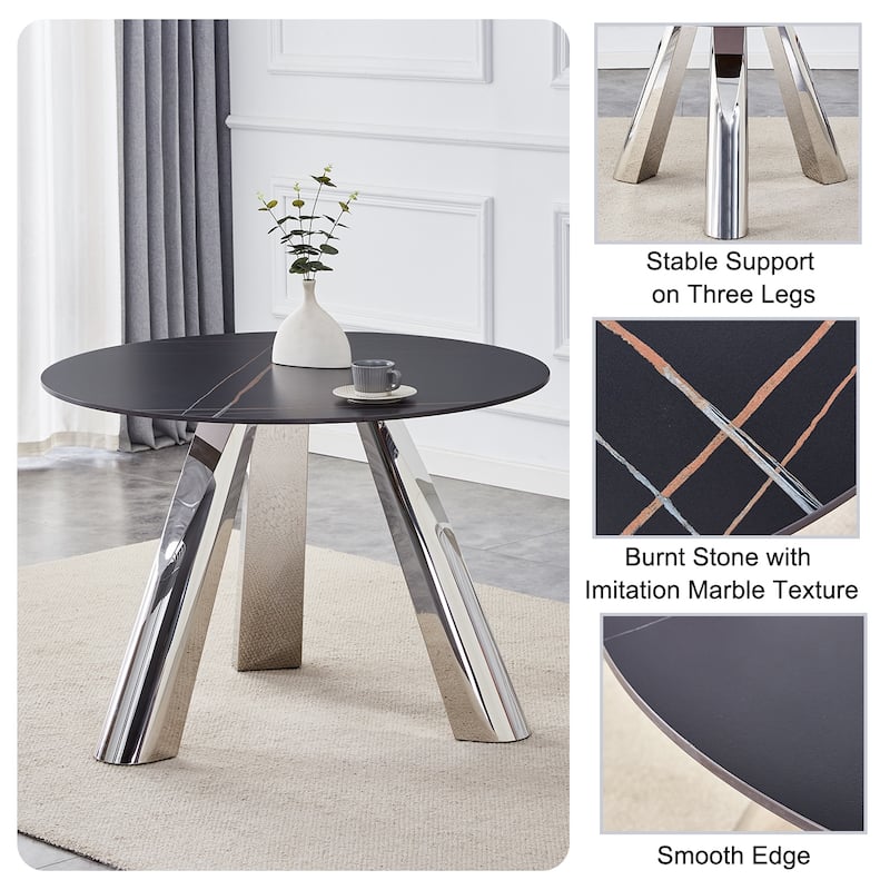 A 42-Inch Round Table with Stainless Steel Legs and a Marble Top, Perfect for 4 to 6 People.