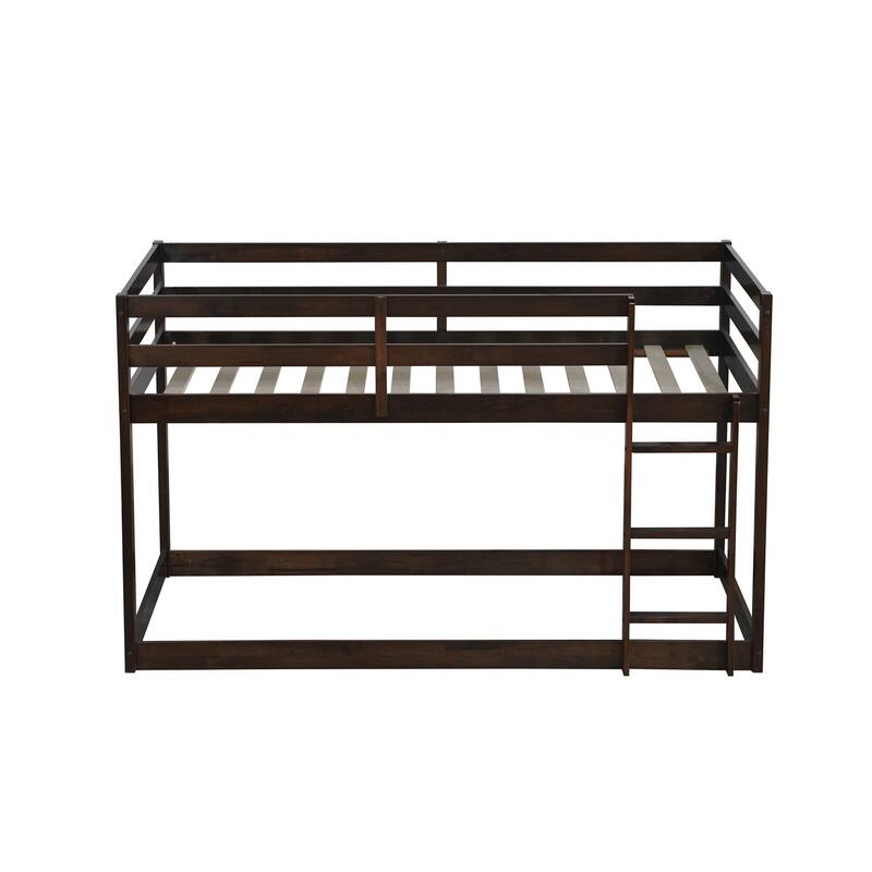 Wooden Twin over Twin Floor Bunk Bed with Ladder, with Bed Platform of Strengthened Slats