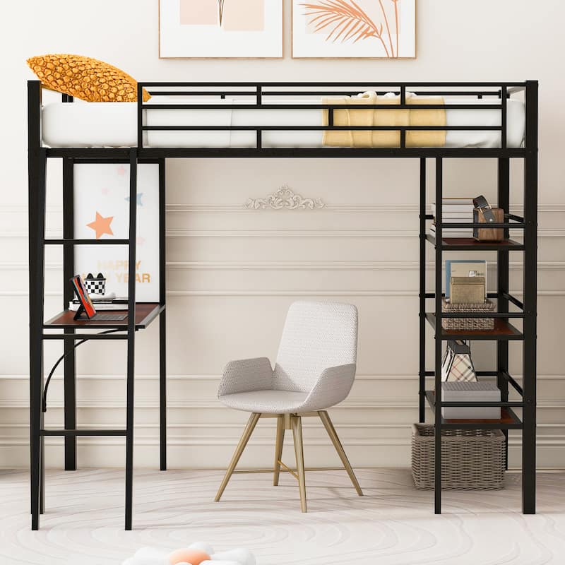Twin Size Metal Loft Bed with 3-Tier Shelves, Desk, and Whiteboard, Black/White Finish