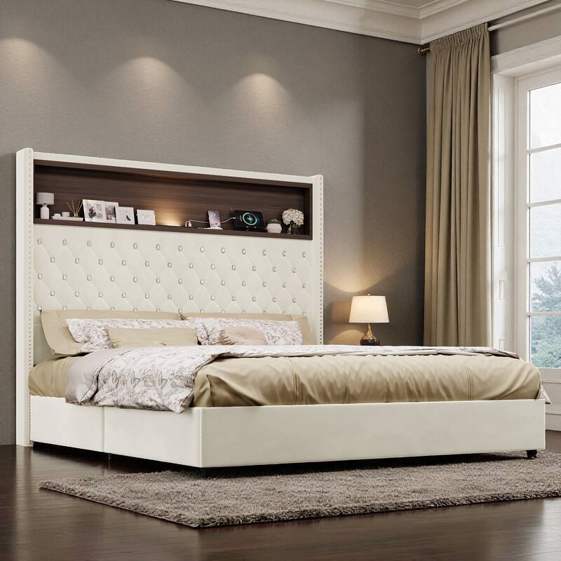 Full/Queen Velvet Tufted Bed Frame with 52" Wingback Headboard, USB Port, Night Light, Rivet Trim & Headboard Shelf - Beige - Queen