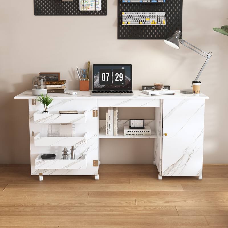 57.5" Foldable Sewing Machine Table with Locking Casters, Multi-Storage Craft Station with Shelves, Bins & Cabinet