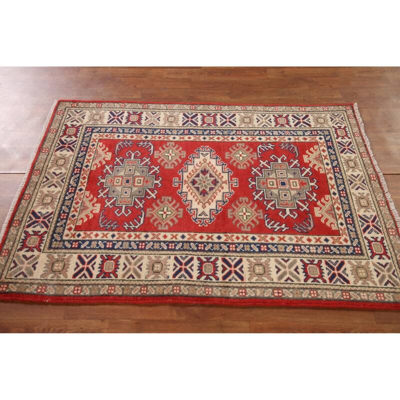 Geometric Kazak Rug Hand-Knotted Accent Wool Carpet - 3'4"x 4'9"