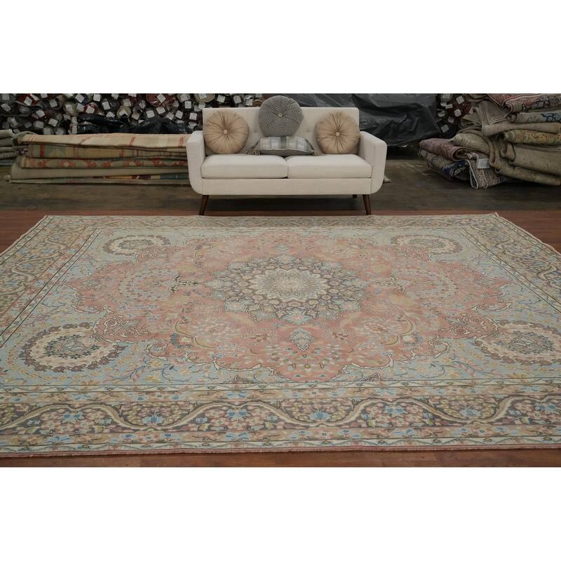 Hand Knotted Oriental 100% Wool Carpet Traditional Floral Pink Tabriz Area Rug - 12' 8'' X 9' 7''