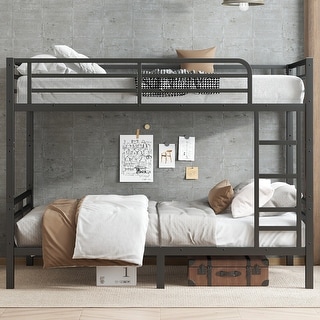 Detachable Bunk Bed Convertible 2 Beds, Full XL Over Full XL Bunk Bed Frame with Curved Corner Guardrails and Underbed Storage