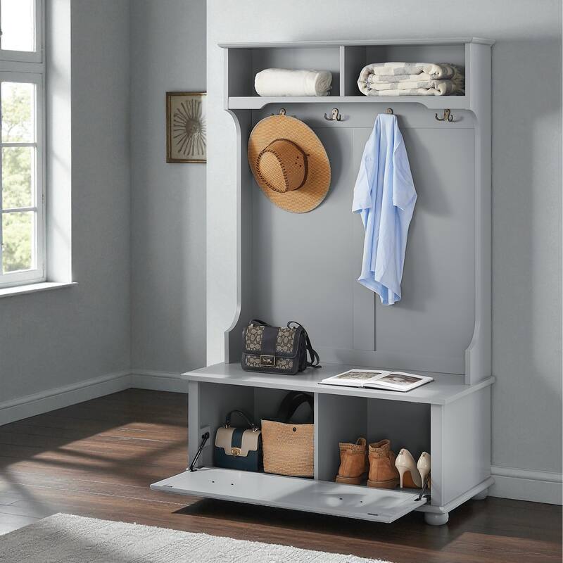Modern Classic 64'' Hall Tree with Shoe Rack Bench, Coat Hooks & Shelves, 4-in-1 Entryway Organizer Cabinet