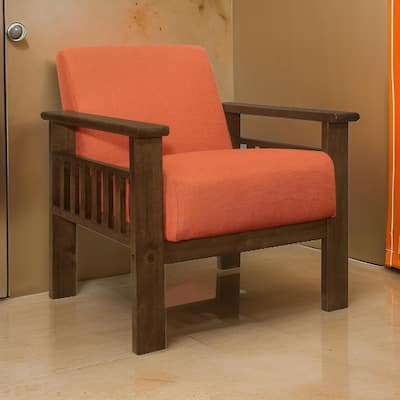 Bella 32 Inch Accent Chair Armchair, Storage Arms, Orange, Solid Rubberwood