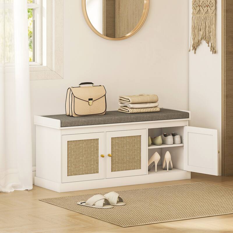 HOMCOM Shoe Bench with Woven Rattan Doors, Shoe Storage Bench with Cushion, Adjustable Shelves, Boho Style Entryway Bench