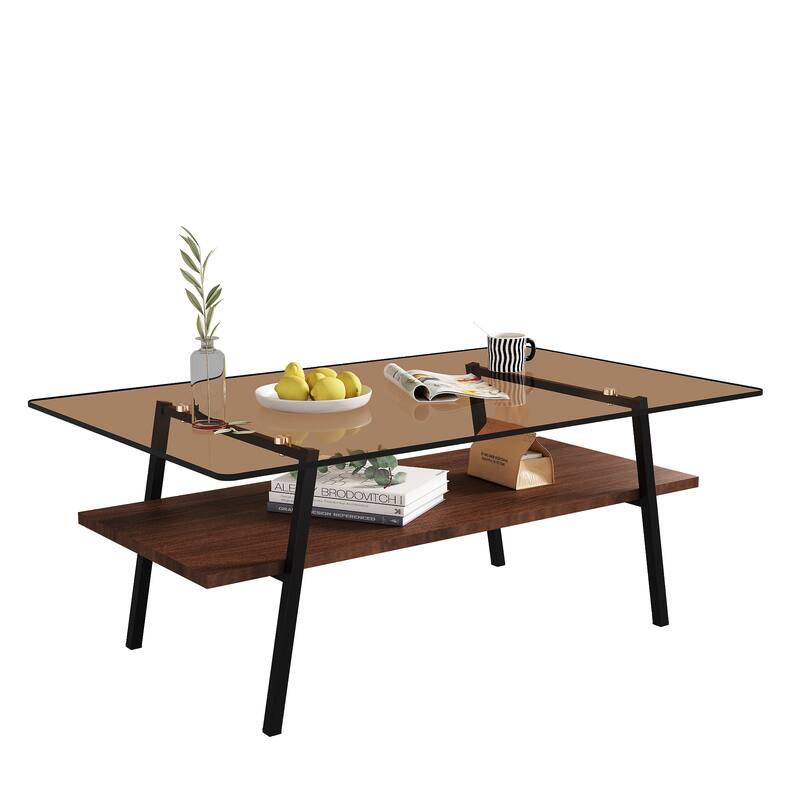 Rectangle Coffee Table, Tempered Glass Tabletop with Black Metal Legs - Brown