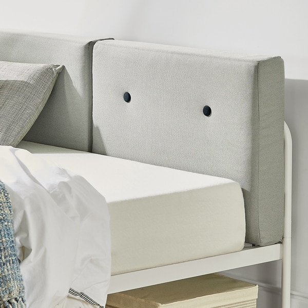 Maggie Metal Platform Bed With Upholstered Cushion Headboard Steel Slats Easy Assembly In Sky Grey On Sale Overstock 31950382