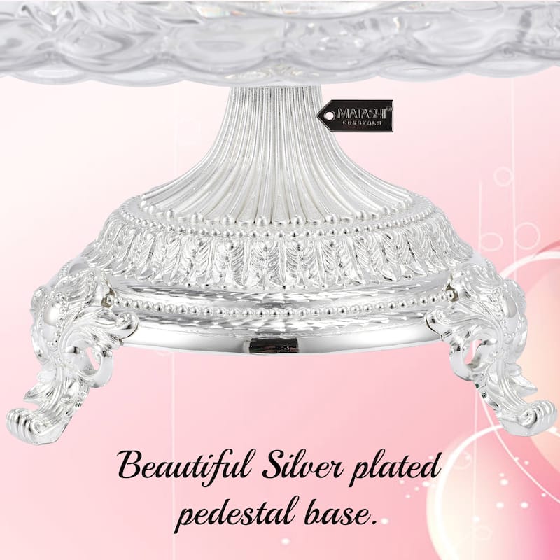Matashi Crystal Glass Etched Cake Plate Centerpiece, Round Serving Platter w/ Silver Plated Pedestal Base for Weddings, Parties