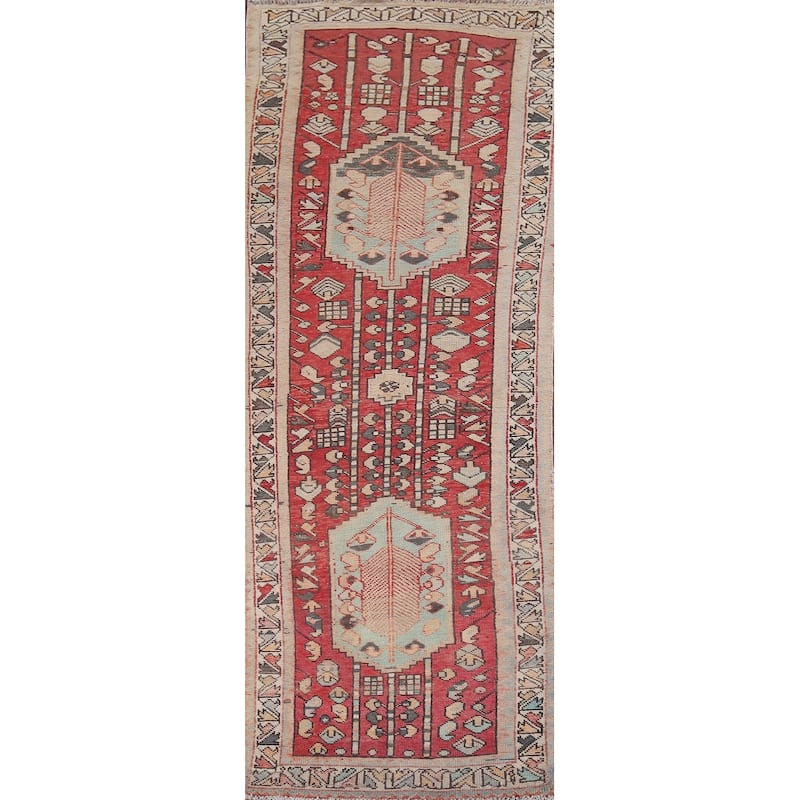 Red Hamedan Persian Vintage Runner Rug Hand-Knotted Wool Carpet - 3'3" x 10'3"