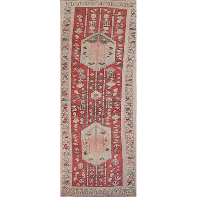 Red Hamedan Persian Vintage Runner Rug Hand-Knotted Wool Carpet - 3'3" x 10'3"