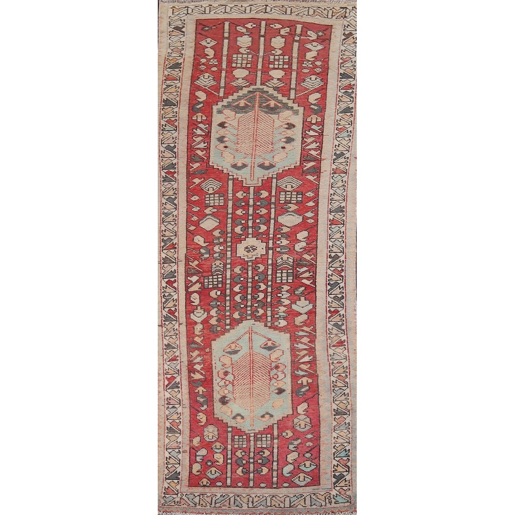 Red Hamedan Persian Vintage Runner Rug Hand-Knotted Wool Carpet - 3'3" x 10'3"